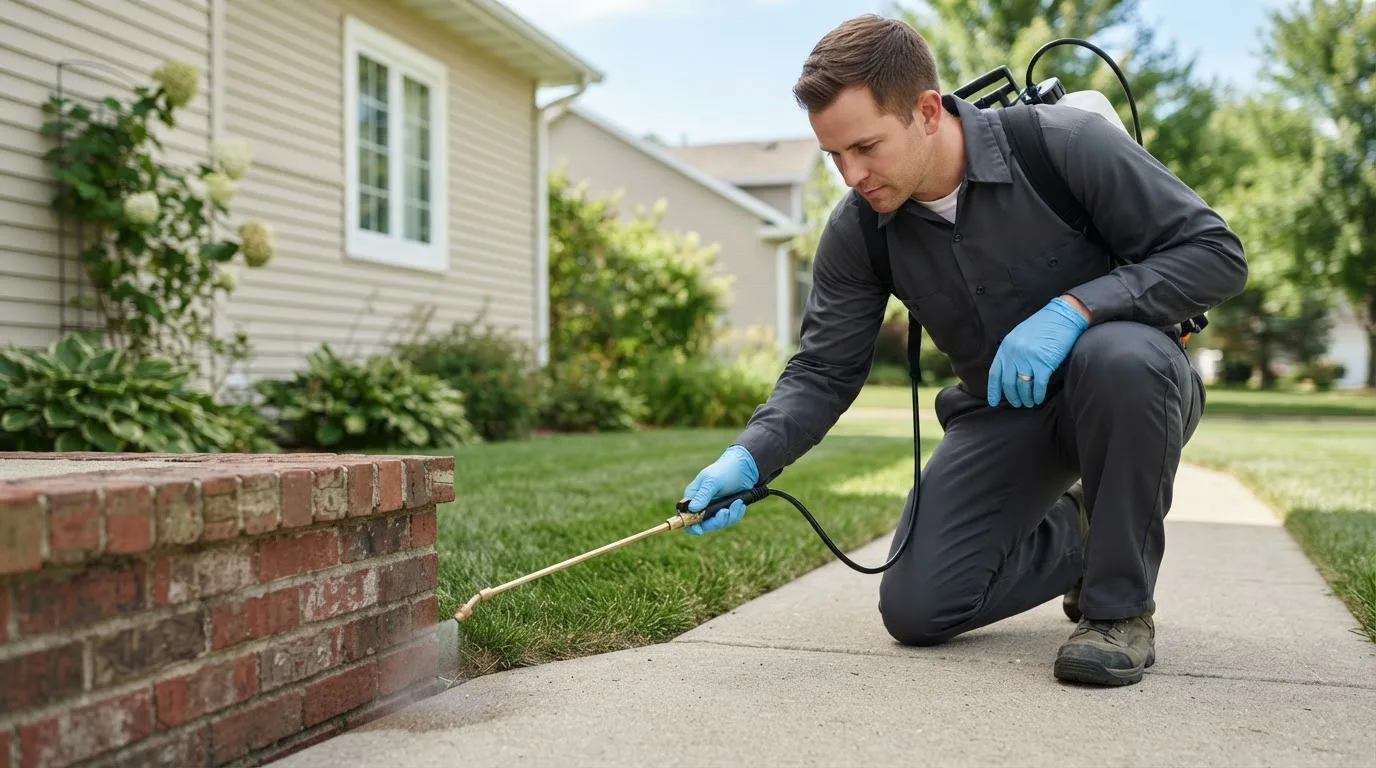 Pest control technician treating a home near Brookfield, VT